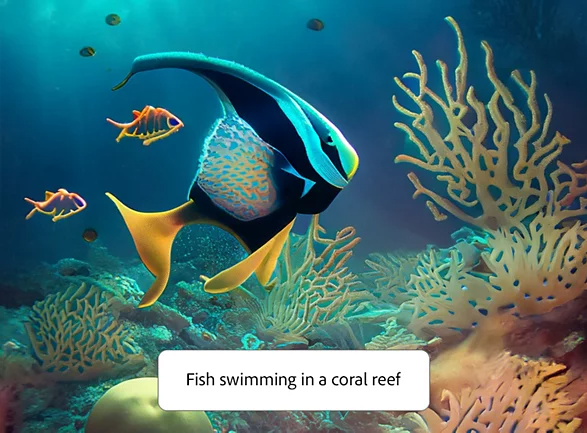 AI-generated image of a fish swimming in a coral reef from Adobe Firefly