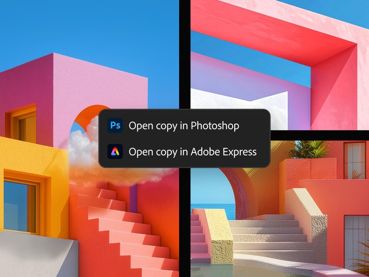 A collage of vibrant architectural mood board images in pink, yellow, orange, and blue, with a floating menu offering options to “Open copy in Photoshop” or “Open copy in Adobe Express.”
