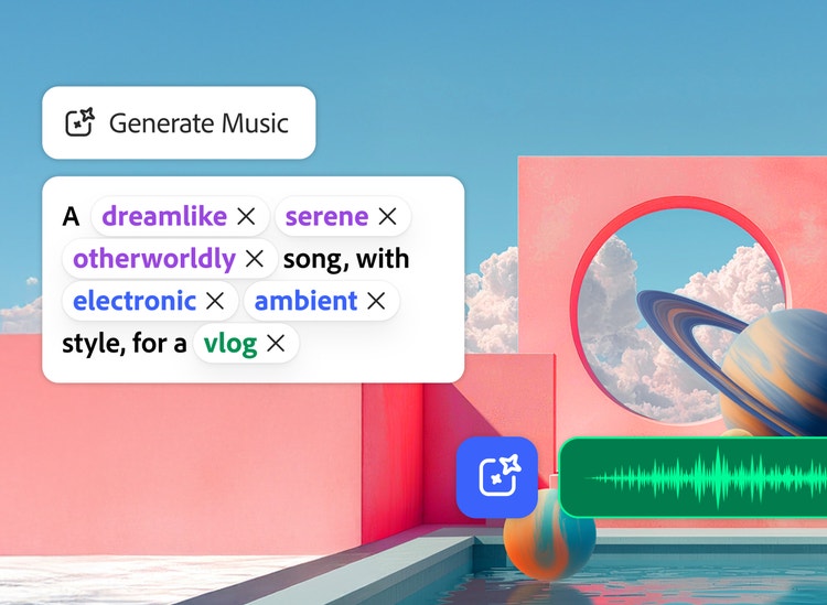 Surreal pastel scene with geometric shapes, clouds, and a ringed planet, overlaid with a music generation interface showing prompt tags and an audio waveform preview.