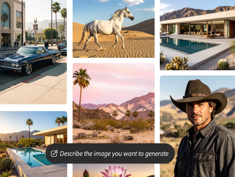 Six photorealistic images of the American west: A muscle car in a city that looks like Southern California, a white horse in a sandy desert, two LA-style mansions with swimming pools, a high desert in early evening, and a cowboy. UI in the lower third says "Describe the image you want to create."