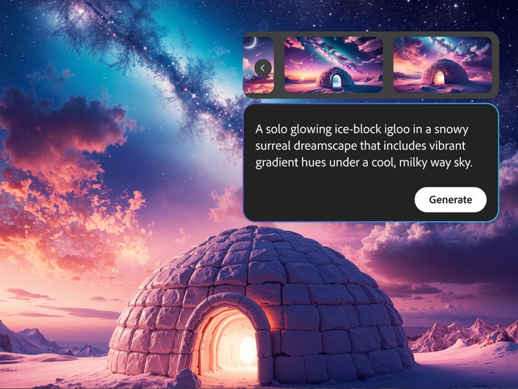An igloo under a pink-and-blue sky. UI in the upper right shows alternate versions of the image, along with "A solo glowing ice-block igloo in a snowy surreal dreamscape that includes vibrant gradient hues under a cool, milky way sky." Followed by "Generate."