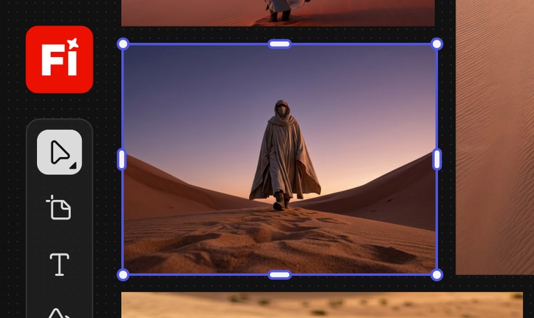 A robed figure in a desert holds a mysterious, glowing metal-and-glass box toward the camera. The image is surrounded by Firefly UI and other images of robed figures in deserts.