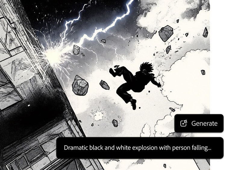 Black-and-white manga-style action panel showing a silhouetted figure thrown through the air amid a dramatic explosion, lightning, debris, and clouds, with a “Generate” button and a partial prompt overlay on the right.