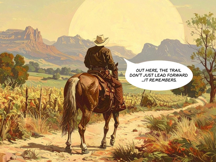 Western-style comic illustration of a cowboy riding a horse along a sunlit desert trail toward distant mountains, with a speech bubble that says, “Out here, the trail don’t just lead forward...it remembers.”