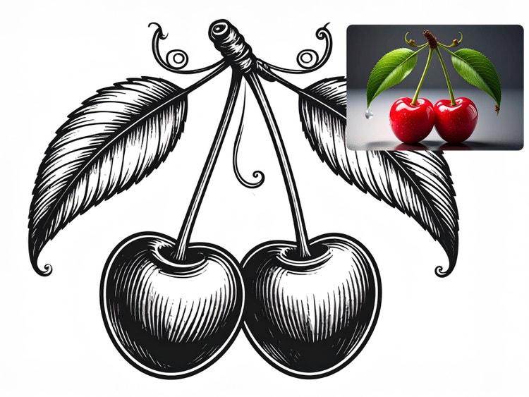 A pair of cherries in illustrated heavy blackwork style. A photorealistic image of cherries in the upper right shows a reference for the illustration.