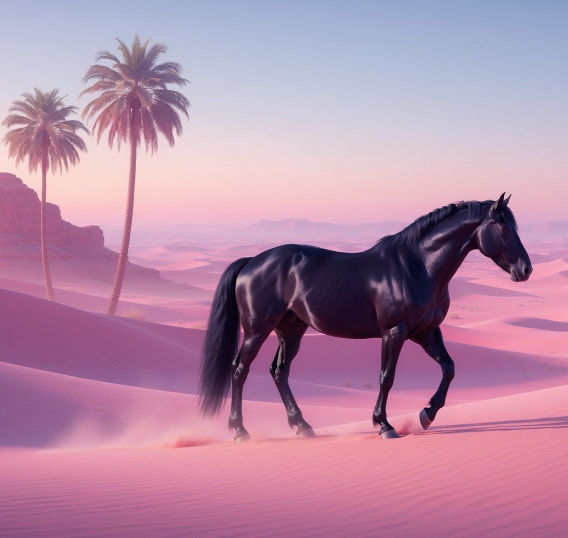 A black horse walking through a pink desert landscape at sunset, with palm trees, dunes, and mountains in the background.