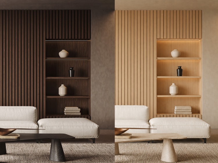 Split-screen interior render shows the same modern living room in two different material palettes, comparing dark wood wall panels and black accents with lighter wood paneling and softer neutral finishes.