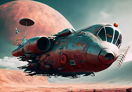 Image generated from AI prompt showing retro-futuristic airship hovering over red desert landscape beneath large pink moon