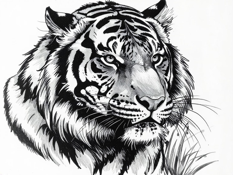 A black-and-white illustration of a tiger.