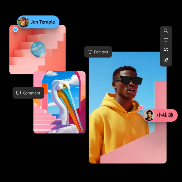 Black-background mockup of a collaborative image-editing interface with three bright, overlapping image cards: a portrait of a man in oversized black sunglasses and a yellow hoodie against a blue-and-pink backdrop, a stylized pelican illustration framed by pink architectural shapes and a blue sky, and an abstract pink staircase scene with a floating blue sphere. Floating UI elements include a blue comment tag labeled “Jon Temple,” a pink tag with a profile photo and the text “小林 蓮,” buttons reading “Edit text” and “Comment,” a vertical toolbar, and a prompt bar that says, “Describe the image you want to generate.”