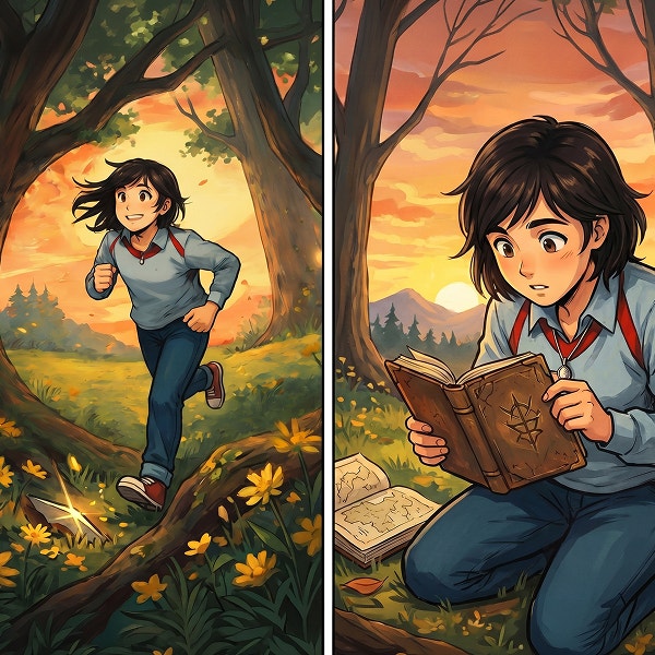 Two-panel comic illustration of a young character in a forest at sunset. In the first panel, they run through trees and yellow flowers. In the second panel, they sit nearby reading a book with maps spread beside them and a mountain sunset in the background.