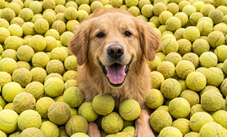 Golden retriever playing in a pool of tennis balls