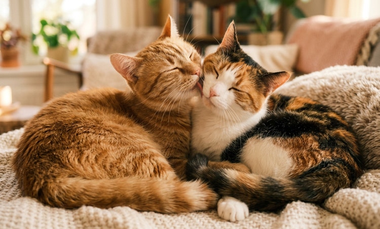 Two adorable cats cuddling together in a warm cozy setting