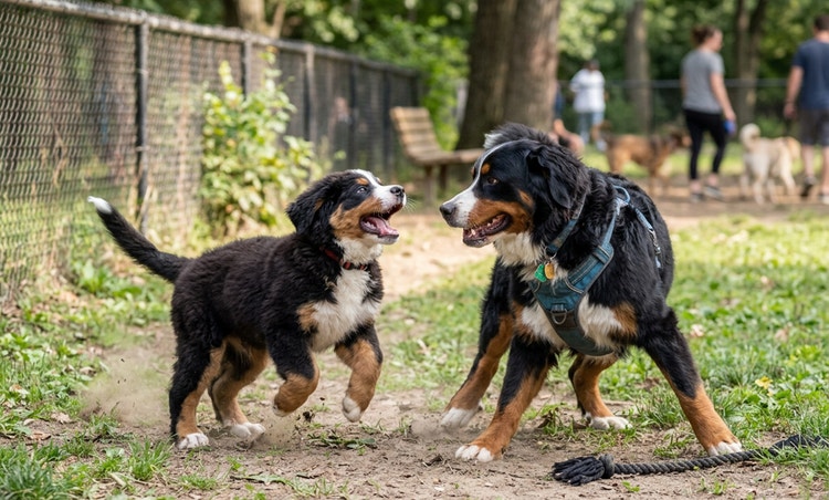 Bernese mountain dog puppy barking and playing with older dog at a dog park