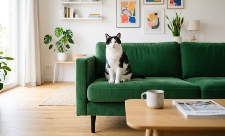 Beautiful black and white cat sitting poised and relaxed on a sleek forest green sofa