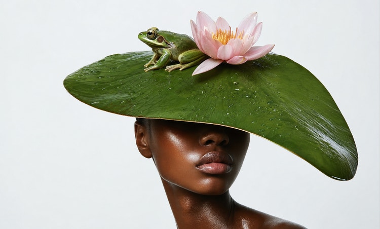 Young female model standing on an oversized glossy lily pad