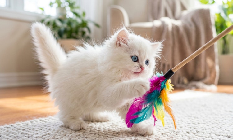 Tiny white kitten playing enthusiastically with a colorful toy