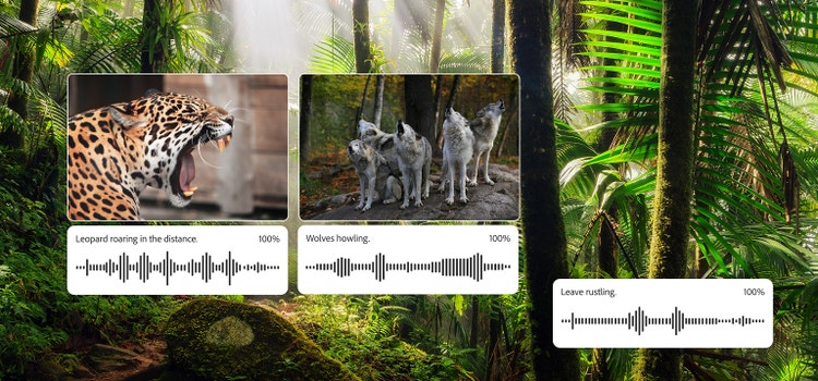 A tropical jungle landscape with several audio waveforms depicting nature sound effects that can be generated with Firefly AI, such as panther roar, howling wolves, and rustling leaves.