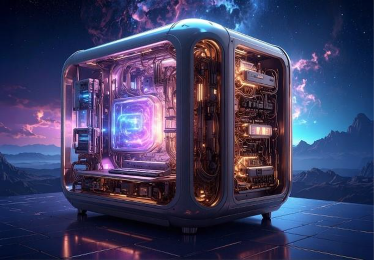 A surreal image of a glowing PC with clear case set against a mountainous background and starlit skies made with generative AI.
