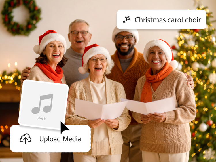 Group of older adults wearing Santa hats and singing from sheet music in a festive room, with holiday decorations in the background and an interface overlay showing an audio upload and a label reading “Christmas carol choir.”
