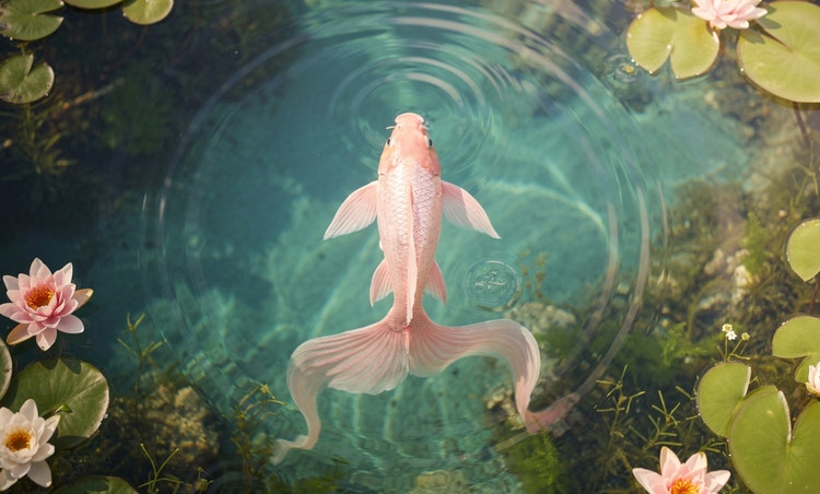A beautiful light pink fish floating gracefully in a crystal clear serene pond