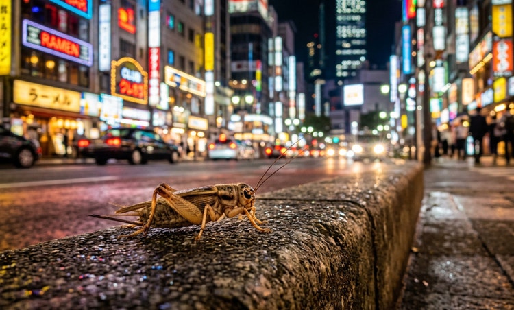Photograph of a single cricket perched on an urban surface