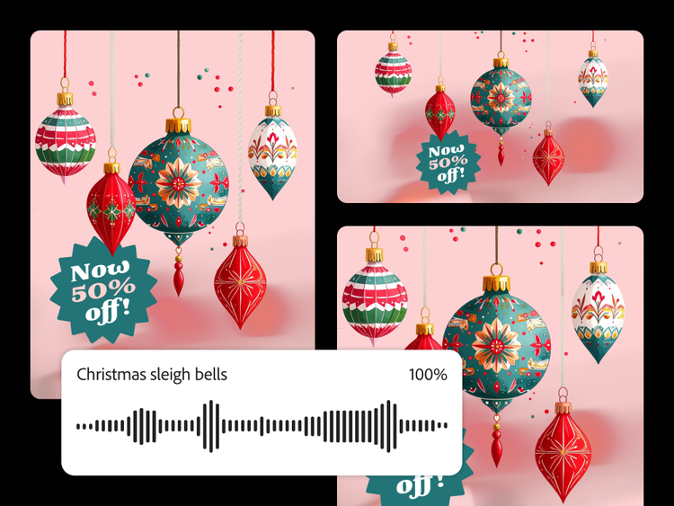 Festive illustrated holiday ornaments hanging against a pink background, shown in multiple variations, with an interface overlay displaying an audio waveform labeled “Christmas sleigh bells” and a volume indicator at 100%.