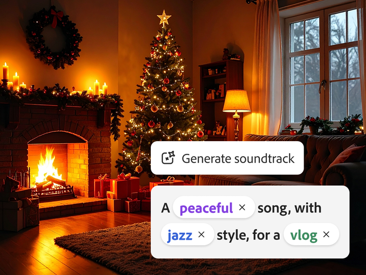 Firefly interface generating a peaceful jazz soundtrack for a vlog, overlaid on a cozy Christmas living room with a lit tree, fireplace, and wrapped gifts.