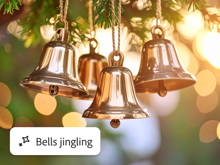AI sound effect prompt for “Bells jingling” over a festive holiday scene with hanging gold bells, evergreen branches, and warm lights.