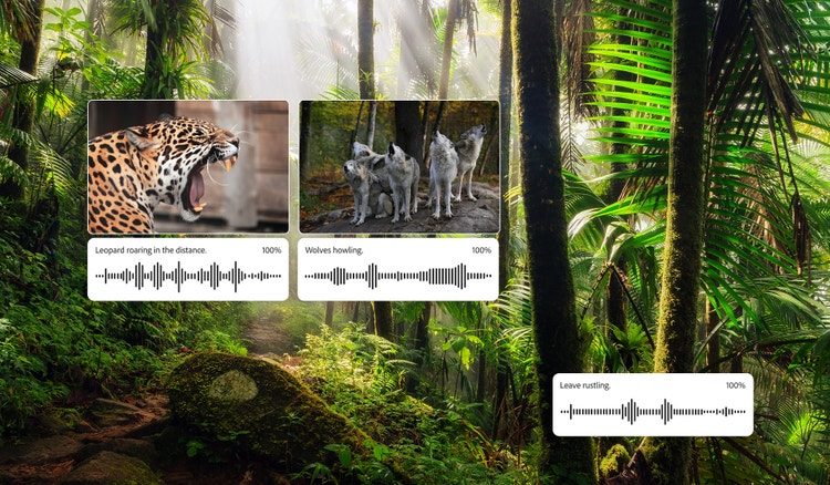 A tropical jungle landscape with several audio waveforms depicting nature sound effects that can be generated with Firefly AI, such as panther roar, howling wolves, and rustling leaves.