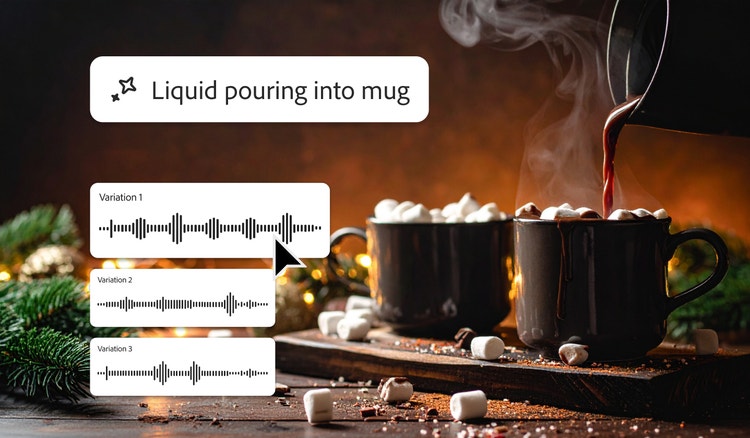 Firefly interface showing AI generated sound effect variations for the prompt, “Liquid pouring into mug,” displayed over a cozy holiday scene with steaming cups of hot chocolate.
