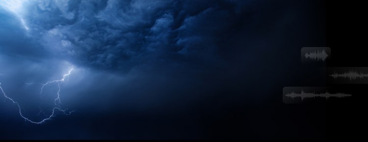 Lightning arcing of dark clouds with audio waveform overlays suggesting use of a sound effect generator to sync audio.