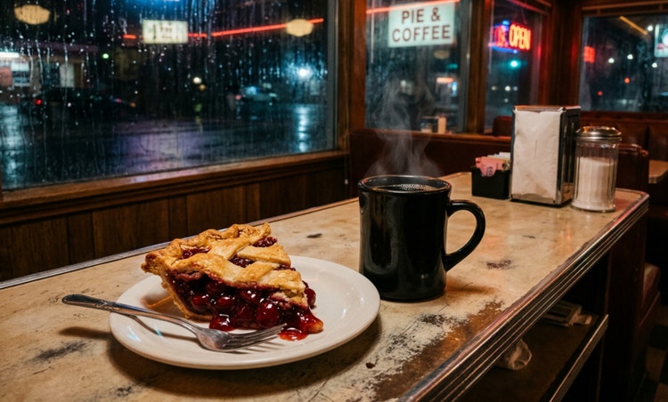 Photograph of a slice of classic American pie and a streaming cup of black coffee