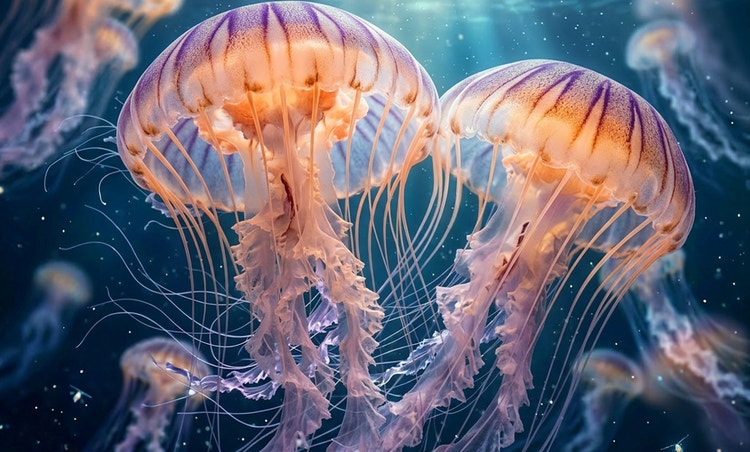 Two translucent jellyfish swimming in a deep blue sea