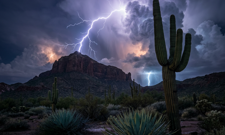 A dramatic desert thunderstorm at night in the Arizona Sonoran Desert