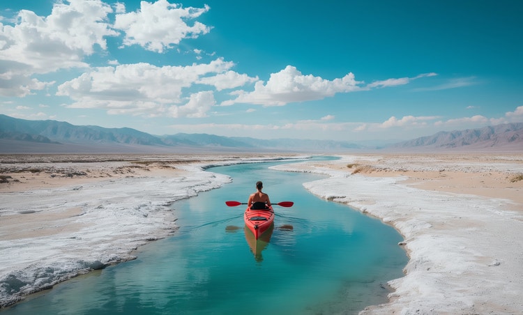 A winding turquoise river cuts through a vast arid landscape.