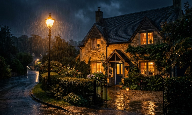 Night photograph of a small charming house in the rain bathed in warm yellow street light