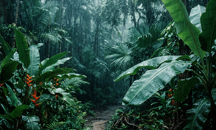 A close up cinematic photograph of a tropical rainforest during a heavy downpour