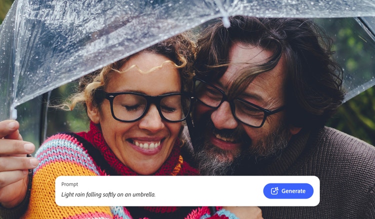 Two people sharing an umbrella with the AI sound generator text prompt used to generate rain sound effects in Firefly.