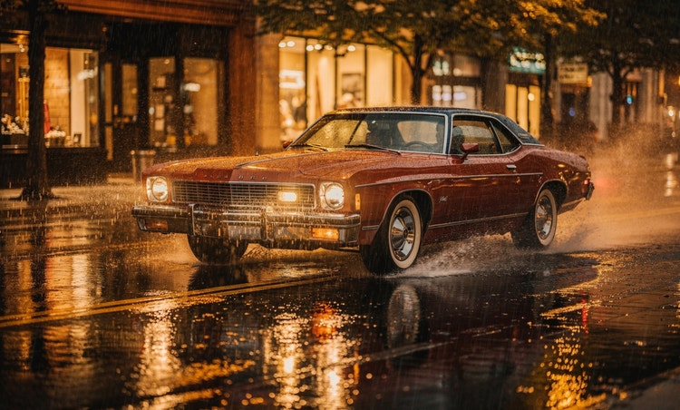 A classic vintage 1970s car driving through the rain on a wet glistening street