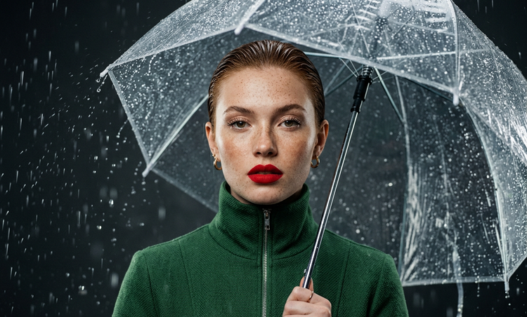 A cinematic fashion portrait of a freckled young woman under a rain-speckled bubble umbrella