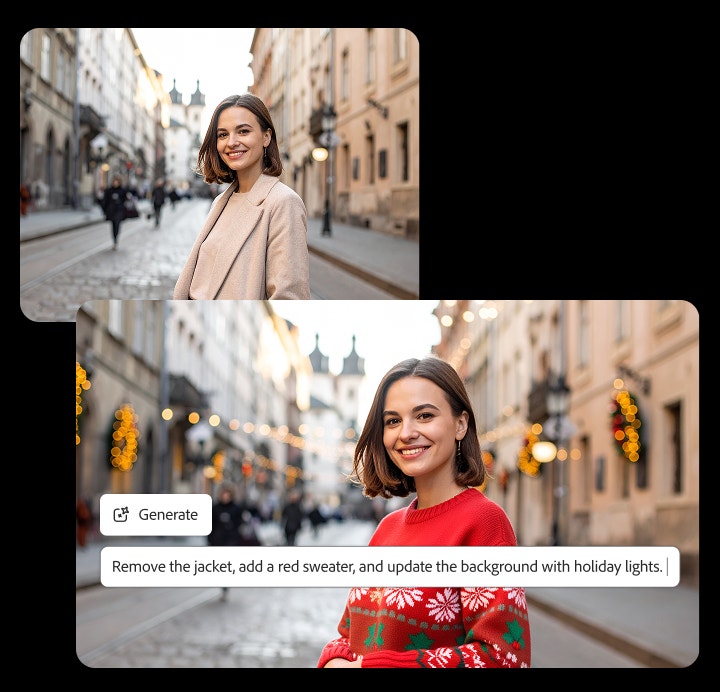 Before-and-after example of an AI photo generation in Adobe Firefly. On the left, a woman wearing a beige jacket stands on a city street. On the right, the same woman is shown wearing a red holiday sweater with festive lights added to the background.