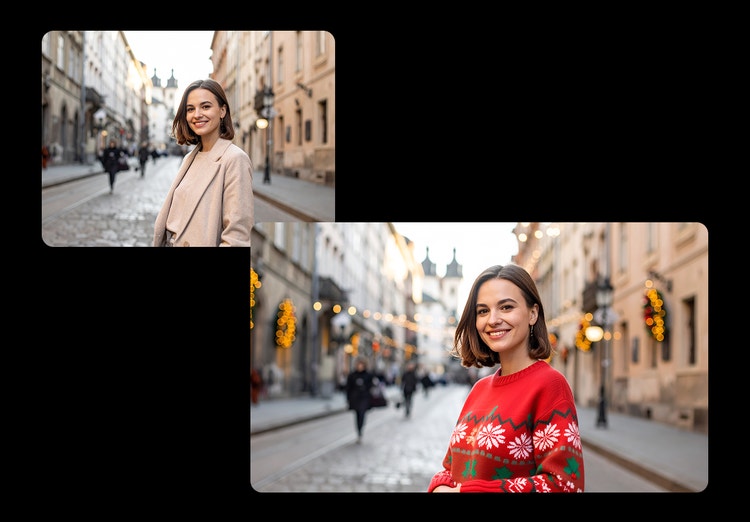 Before-and-after example of an AI photo generation in Adobe Firefly. On the left, a woman wearing a beige jacket stands on a city street. On the right, the same woman is shown wearing a red holiday sweater with festive lights added to the background.