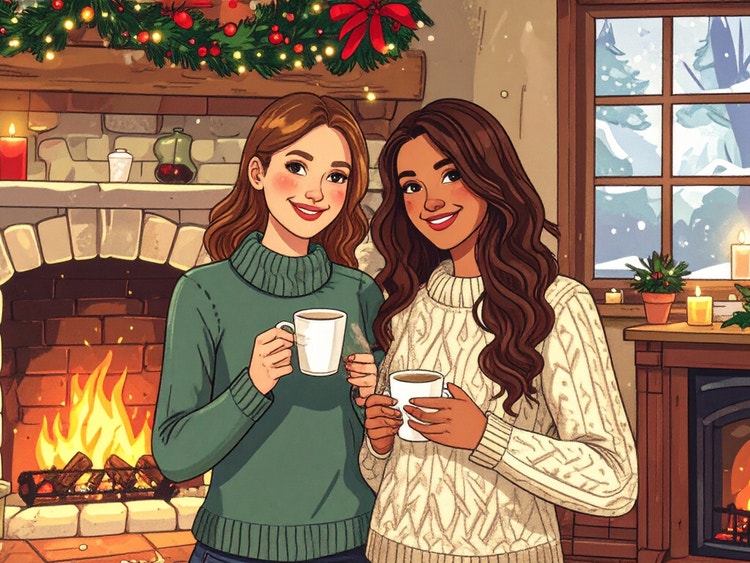 Illustrated scene of two women standing indoors by a fireplace, wearing cozy sweaters and holding warm drinks, with holiday garlands, candles, and a snowy window creating a festive winter atmosphere.