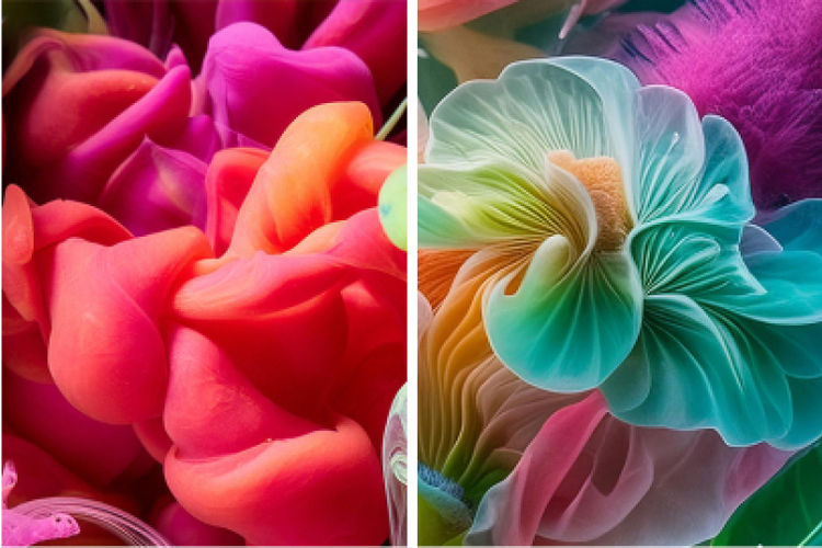 underwater macro photo of colourful blobs transformed into AI generated macro image of underwater colourful flowers