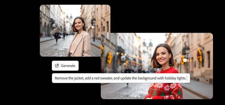 Before-and-after example of an AI photo generation in Adobe Firefly. On the left, a woman wearing a beige jacket stands on a city street. On the right, the same woman is shown wearing a red holiday sweater with festive lights added to the background.