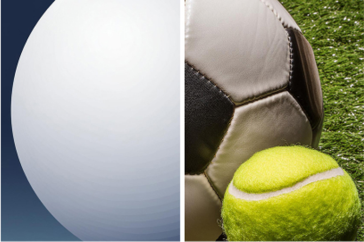 White sphere shape on grey background transformed into the AI generated image of a football ball and tennis ball on the grass using Firefly structure reference