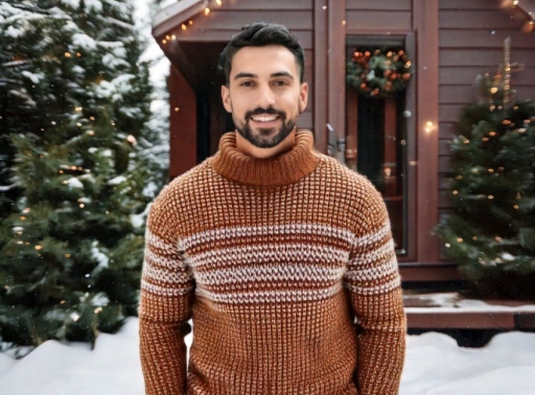 Man wearing a brown patterned sweater standing outdoors in the snow beside a decorated cabin and Christmas trees.