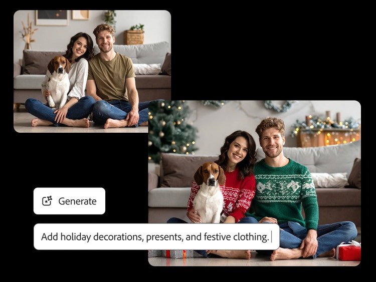 Before-and-after example of an AI photo generation in Adobe Firefly. On the left, a couple sits on the floor in a living room with their dog, wearing casual clothing. On the right, the same scene is transformed with holiday decorations, wrapped presents, and festive sweaters.