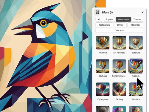 AI generated image of a bird with various style options
